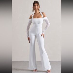 Club L London Shannon | White Ruched Halter-Neck Flared-Leg Jumpsuit US 2